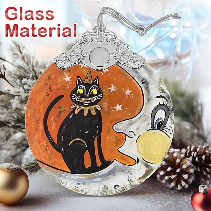 Christmas Decorations Ornaments, Stained Glass Ornament, Christmas Tree Ornaments, 2025 Gift Ornament, Xmas Gift for Friend Family Coworker - Moon and Cat