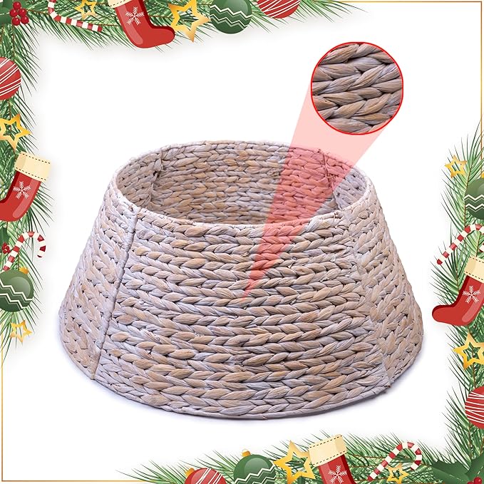 CLAYNIX Tree Collar - Large to Small Christmas Tree, 28" Christmas Tree Ring Adjustable Water Hyacinth Skirt, Christmas Tree Skirt for Decoration, Base Protection from Pets (White)