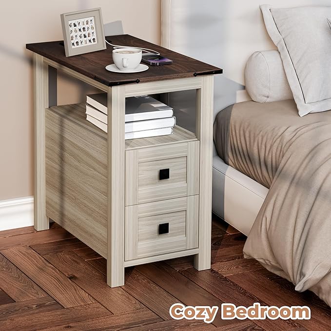 Farmhouse End Table with Charging Station and 2 Drawers, Washed Grey Wood Nightstand Narrow, Skinny Side Table Rustic, Slim Bedside Table, Open Shelf, Small for Bedroom, Living Room, Sofa