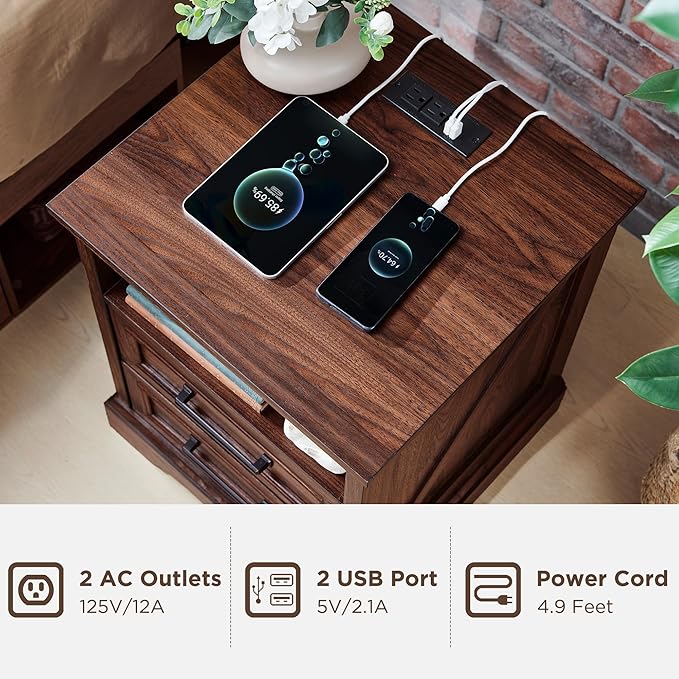 ACCOHOHO 18" Farmhouse Nightstand with Charging Station,End Table with 2 Drawers Storage,Side Table,Bedside Cabinet for Bedroom,Living Room,Brown