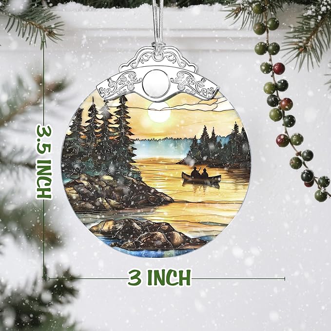 Canoe Lake Sunset Stained Glass Ornament, Christmas Ornaments – Christmas Tree Decorations, Holiday Decor, Stocking Stuffer, Gift Idea, Gifts for Nature Lover, Outdoor & Camping Lover