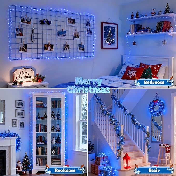 JMEXSUSS 2 Pack Blue Fairy Lights Battery Operated, Total 400 LED 132ft Christmas Twinkle Fairy Lights with Remote, 8 Modes Blue String Lights for Christmas Tree Bedroom Wreath Fireplace Decor