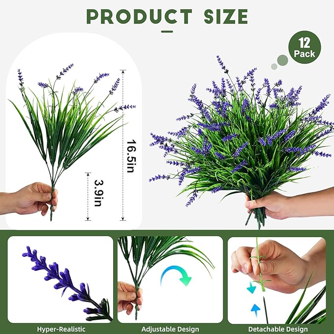 12 Bundles Artificial Lavender Flowers Faux Plants for Outdoor Fake Monkey Grass with Flowers Realistic Faux Greenery Shrubs for Porch Planters Patio Garden Window Boxes Pathway Decor (Purple)