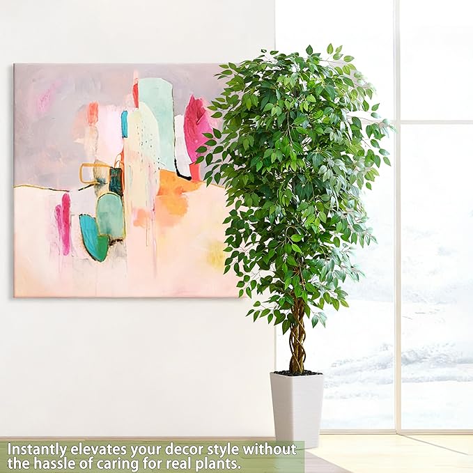 Artificial Ficus Tree 7FT Faux Floor Tree with Planter UV Resistant Potted Fake Silk Plant, Real Wood Trunk-Indoor Outdoor Lifelike Fake Ficus Tree for Home, Living Room Bedroom Topiary Tree
