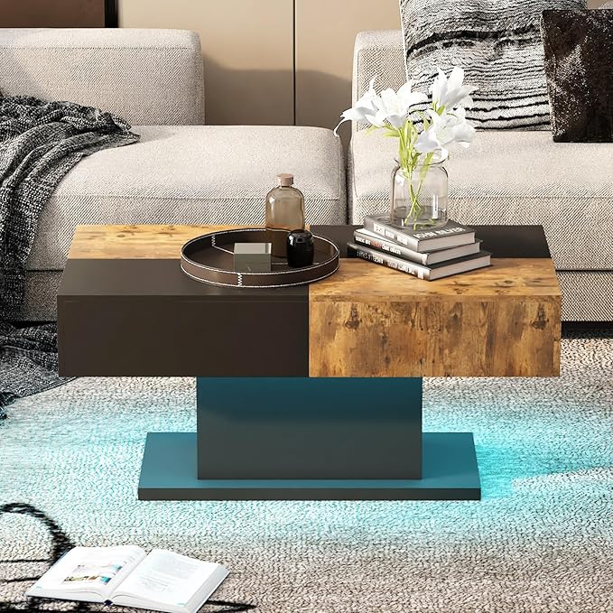 Black Led Coffee Table for Living Room, Living Room Table Rectangular Center Table, Modern Wooden Coffee Tables with 16 Colors LED Lights for Dining Reception Room