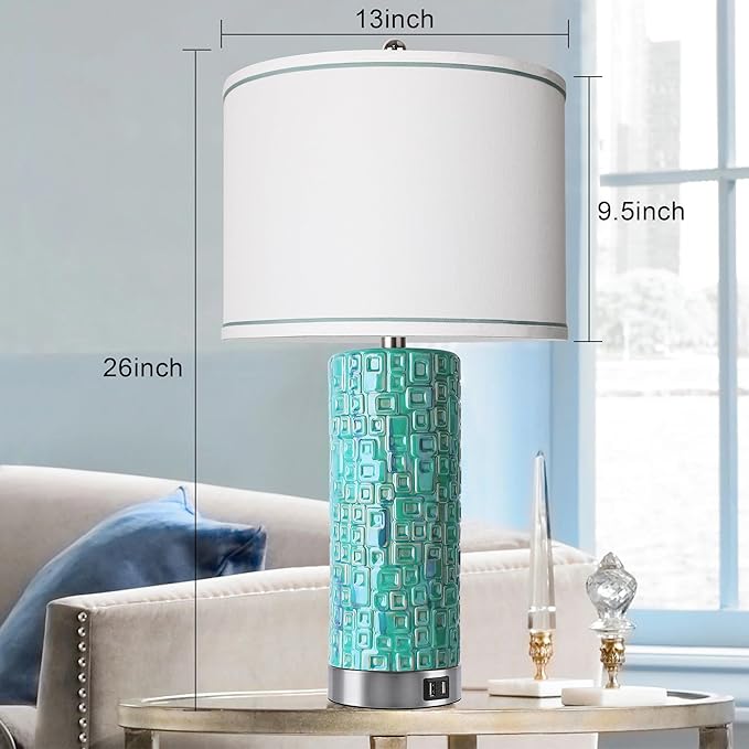 CeramicTable Lamps Set of 2 Lamps for Bedroom Living Room Office 26" Rotary Coastal Bedside Lamp for Nightstand with 2 USB Ports 3-Colors