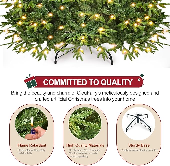 Prelit Artificial Hinged Christmas Tree with Pre-lit 350 Warm White Lights 7.5FT Holiday Tree for Xmas Decoration Metal Hinges, Foldable Base