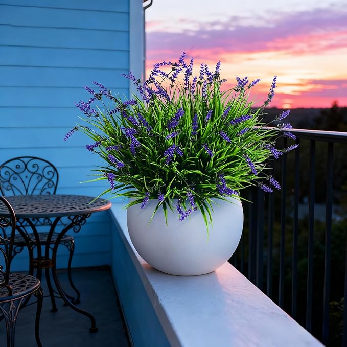 12 Bundles Artificial Lavender Flowers Faux Plants for Outdoor Fake Monkey Grass with Flowers Realistic Faux Greenery Shrubs for Porch Planters Patio Garden Window Boxes Pathway Decor (Purple)