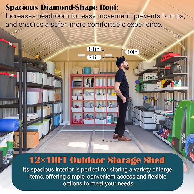 10x12 FT Metal Storage Shed with Floor Frame, Heavy-Duty Outdoor Storage Building with Diamond Roof, 4 Air Vents, Transparent Window & Lockable Double Doors, Snow-Resistant Backyard Garage Shed