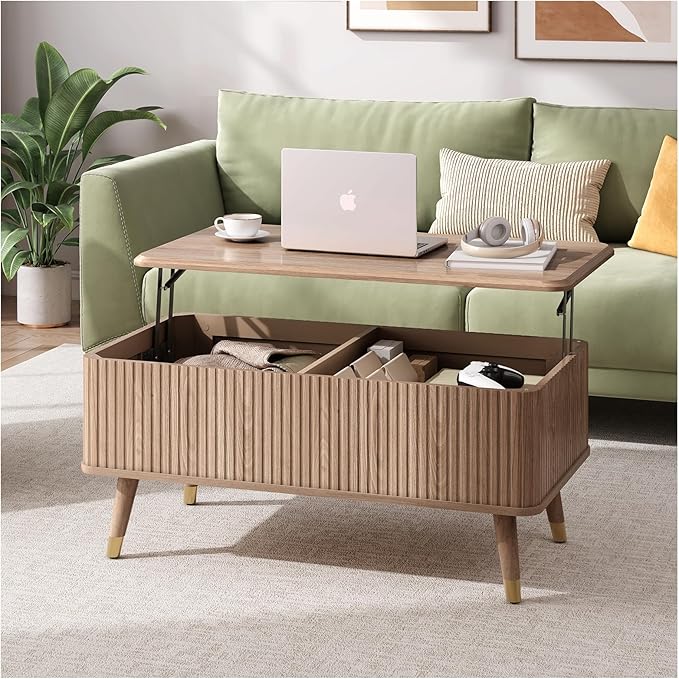 Lift Top Coffee Table with Storage, Mid Century Modern Walnut Fluted Coffee Table, Rectangular Wood Center Table with Rising Desktop & Open Shelf for Work from Home, Living Room, Oak