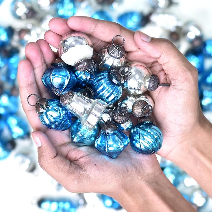 75 Piece Glass Silver Turquoise Christmas Ornaments Decorative Mercury Mini Vintage Bulk Hanging Ornaments for Halloween, Christmas Tree, New Year, Valentine Day, Holidays, Event & Wedding Party Decor