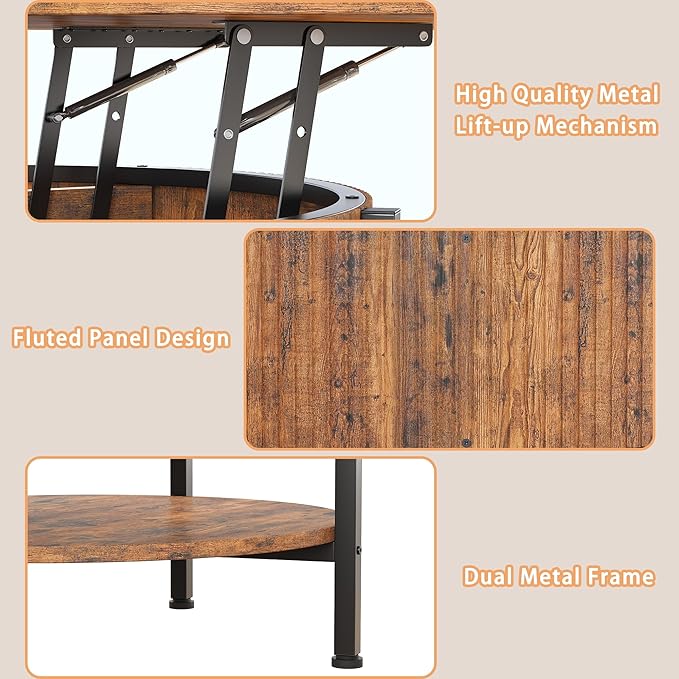 26.77” Small Coffee Table, Round Fluted Lift Top Coffee Table with Storage, Rustic Central Table with Lift Tabletop for Living Room, Home Office, Brown