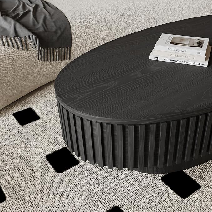 WILLIAMSPACE 47.2" Oval Coffee Table with Storage, Modern Drum Center Table with Solid Wood Veneered, Accent Side Tea Table for Living Room Apartment, Black