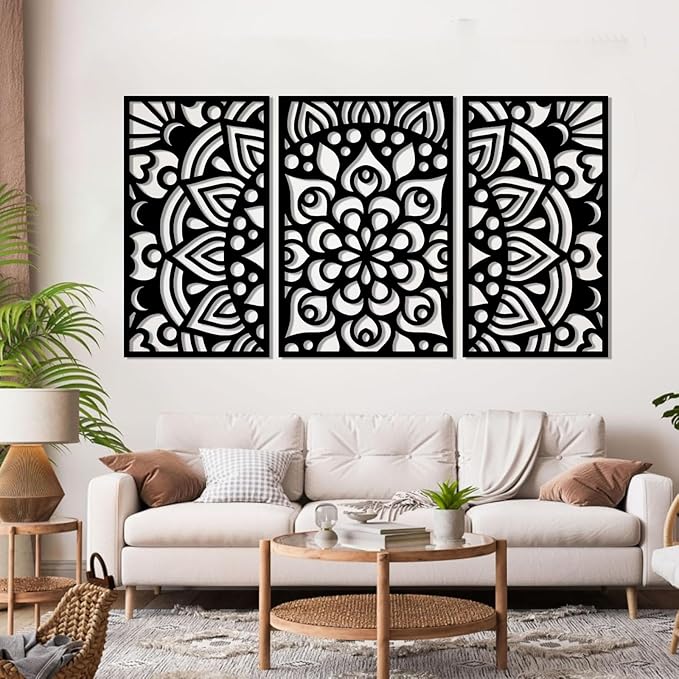 Mandala Metal Wall Art, Lotus Flower Metal Wall Decor, Bohemian Headboard Wall Decor, Scroll Wall Art, Mandala Wall Hanging for Living Room, Bedroom, Yoga Room (White, 53"x30"/135x75cm)