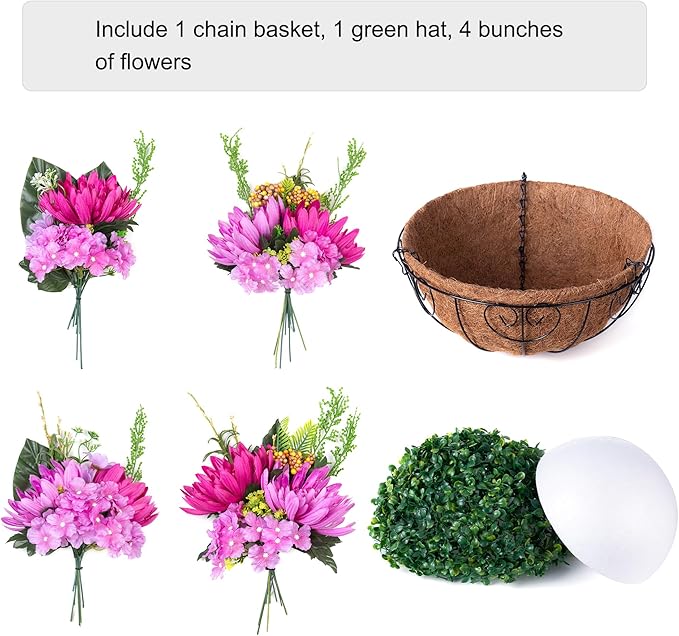 HyeFlora Artificial Fall Mums Flowers Baskets for Outside Decoration, Fake Hanging Silk Fuchsia Flower, Faux Chrysanthemum Summer UV Resistant Realistic for Porch Yard Autumn Decor