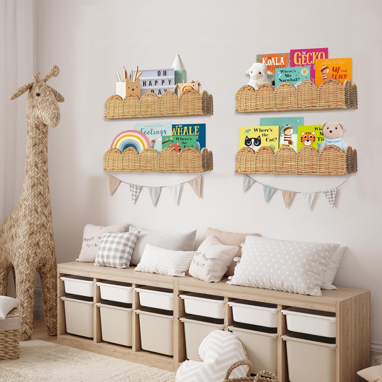 Nursery Book Shelves Set of 2 - Artisanal Natural Rattan Scalloped Book Shelf for Kids Rooms 15.8" W, Cute Wicker Nursery Bookshelf Wall Mounted, Handwoven Floating Kids Bookshelf, Baby Boho Decor
