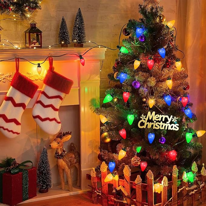 C7 60 LED Battery Operated Christmas Lights,Battery Powered Multicolor Waterproof Bulbs,21.3 FT 8 Modes with Auto On/Off Time for Xmas Tree Garden Patio Indoor Outdoor Christmas Decorations