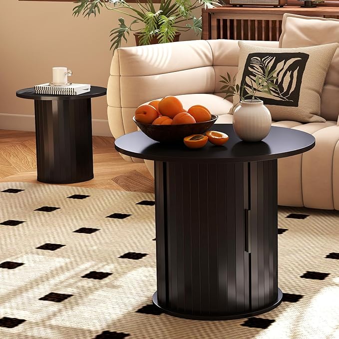 COSVALVE Nesting Coffee Table Set of 2 with Hidden Storage & Sliding Door, Circle Wood Coffee Table, Farmhouse Side & End Table Sets for Living Room, Small Spaces, Black