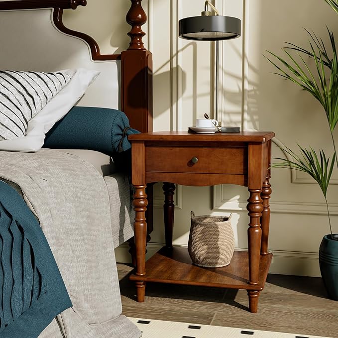 2-Set Solid Wood End Table with Drawer and Storage Shelf, Antique Designed Beside Table with Solid Wood Roman Legs, Square Accent Tables with Hand Carved for Living Room, Bedroom Cherry Brown