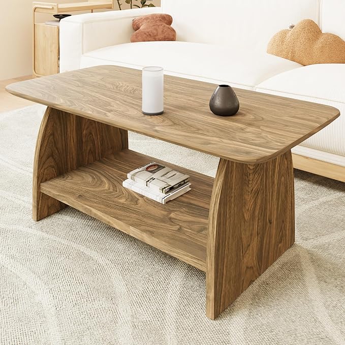 Farmhouse Coffee Table, Rectangular Living Room Table, 47'' Wooden Center Table with Storage, for Living Room, Bedroom, Rounded Corner Design