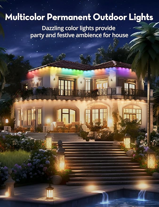 RGB+IC Permanent Outdoor Lights for House Garden, 50Ft Smart Eave Lights, String Lights, IP67 Waterproof, for Christmas Halloween Decor Birthday Gift with Alexa, Google Assistant APP/Remote Control