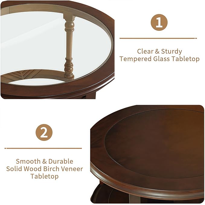 LKTART Nesting Coffee Table for Living Room,Round Tempered Glass Solid Wood Nest Coffee Tables with Storage,Retro Small Accent Center Table for Small Space Apartment (31.5''D×18''H-Dark Brown)