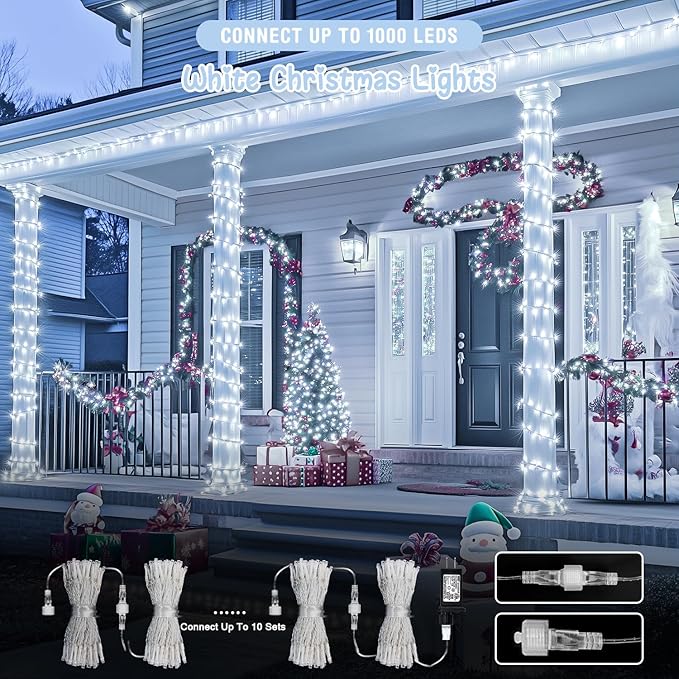 JMEXSUSS 2 Pack 100 LED White Christmas Lights Indoor, 33ft 8 Modes White String Lights Indoor Outdoor Connectable, Clear Wire Christmas String Lights for Bedroom Tree Xmas House Party Decorations
