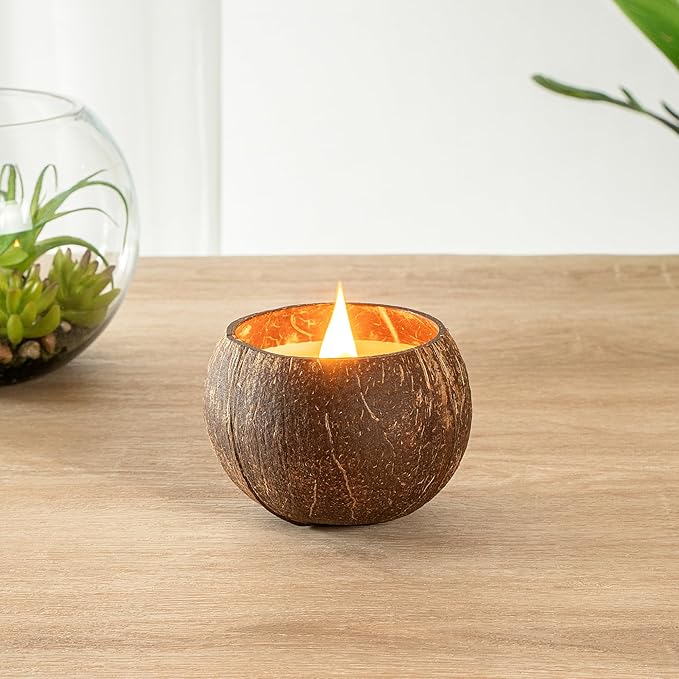 Restaurantware-Coco Casa 3.9 x 2.8 Inch Coconut Shell Candles, 10 Hand Poured Coconut Bowl Candles - Lavender Fragrance, Double Wax Blend, Soy Wax Scented Candle, Wooden Wick