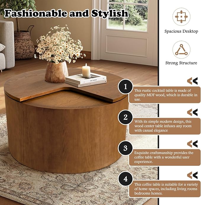 Round Coffee Table with Storage for Living Room 27.16" Small Brown Wood Tea Table Mid Century Modern Coffee Table Rustic Boho Coffee Table Circle Sofa Side Table for Small Space (Circle Brown)