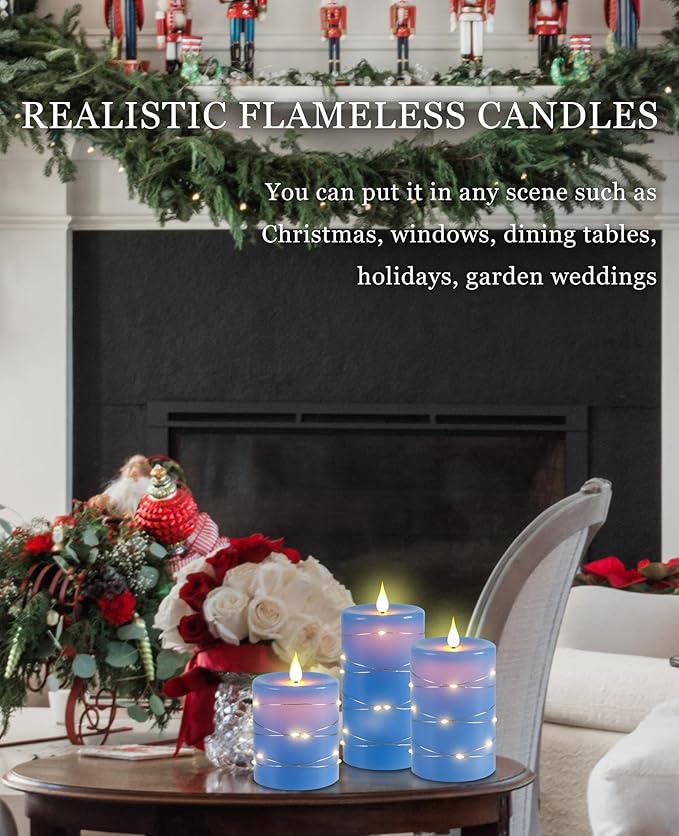 Da by Flameless Candles with String Lights，Battery Operated Candles,LED Flickering Candles with Remote Control and Timer, Real Wax, 3 Pack-Blue