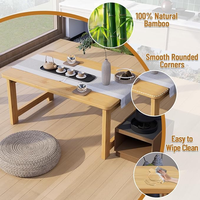 Japanese Floor Table, Bamboo Folding Coffee Table, Portable Solid Wood Japanese Tatami Tea Table Table, No Assembly Japanese Dining Table for Sitting on The Floor, Easy Storage (Natural)
