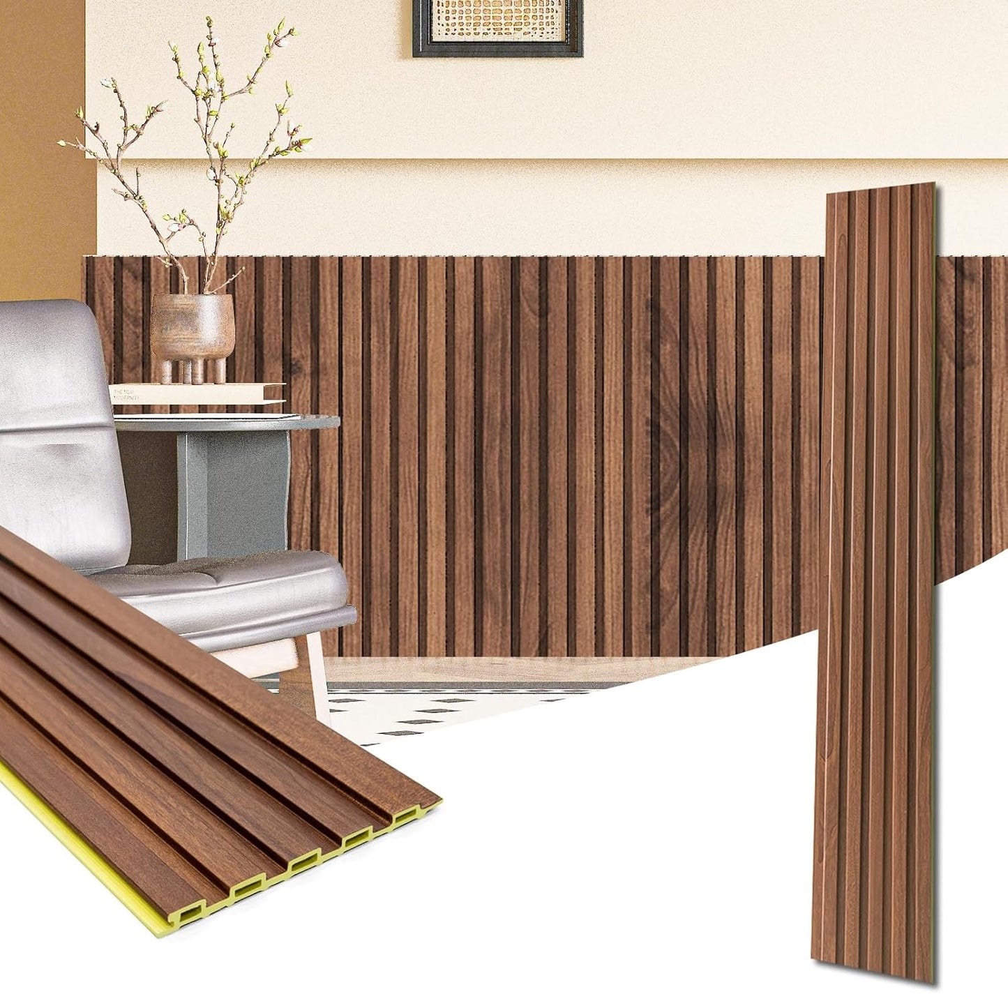 Art3d WPC Wainscoting Panels, 16-Pack 48 x 6 Inch 3D Wall Accents for Interior Wall Decor, Living Room, Bedroom, Teak