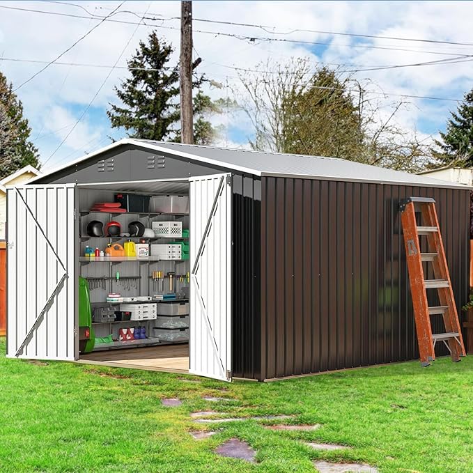 Polar Aurora 10x10 FT Outdoor Storage Shed, Metal Garden Shed with with Updated Frame Structure, Tool Sheds for Backyard Garden Patio Lawn, Black