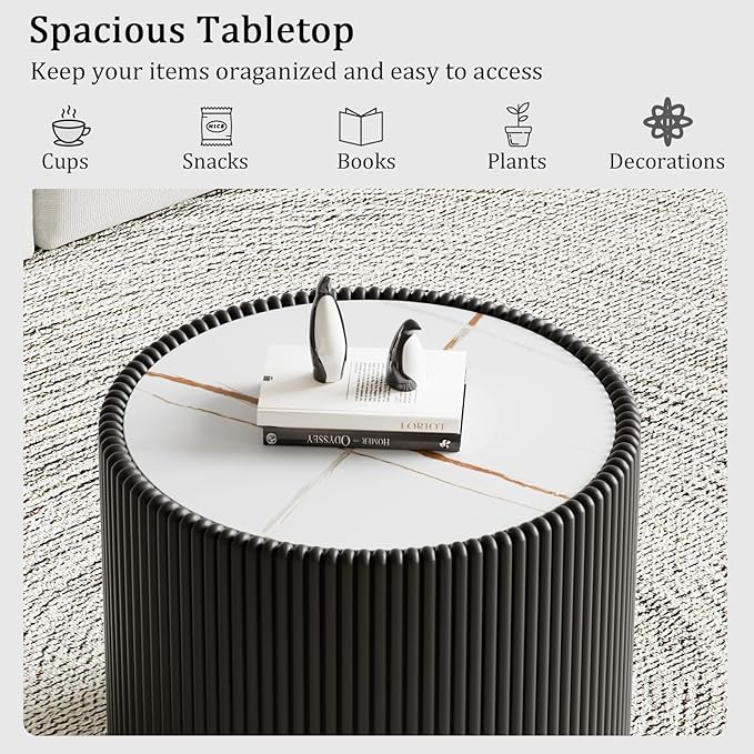 17.71" Black Round Coffee Table, Drum Coffee Table with Sintered Stone Tabletop and Fluted PU Leather Covered and Stable Base, Circle Cocktail Tea Table for Living Room
