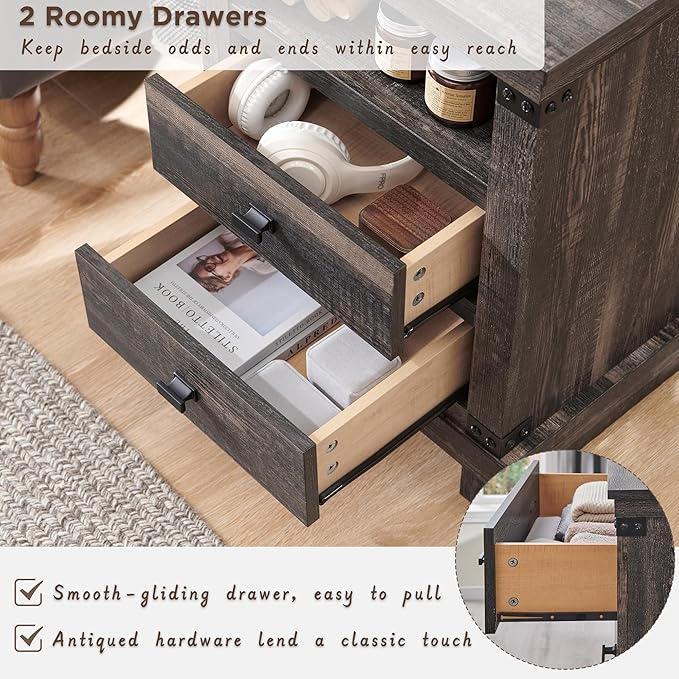 RedLemon Farmhouse Nightstand with Charging Station, 18" Rustic Night Stand with 2 Storage Drawers, Wood End Table for Bedroom, Living Room, Dark Rustic Oak Color