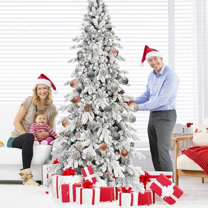 8 FT Snow Flocked Slim Fir Christmas Tree with 1634 PE & PVC Mixed Branch Tips,Unlit Artificial Skinny Pencil Xmas Tree with 44 Pine Cones,Hinged Premium Xmas Trees for Home,Office,Party Decoration