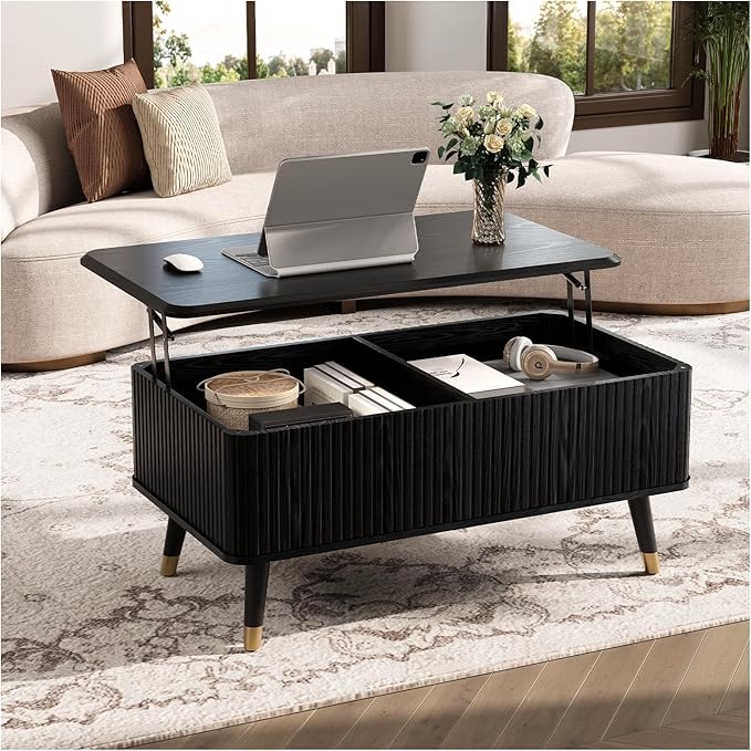 Lift Top Coffee Table with Storage, Mid Century Modern Walnut Fluted Coffee Table, Rectangular Wood Center Table with Rising Desktop & Open Shelf for Work from Home, Living Room, Black