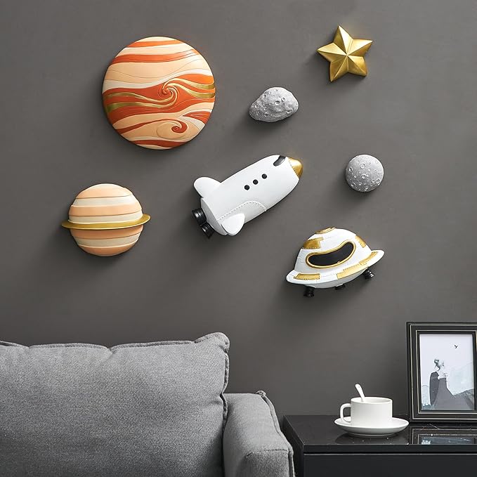 FJS 3Pcs Rocket Spaceship Outer Space Wall Decor, Cute Wall Sculptures for Boys Room Decor, Astronaut Galaxy Nursery Decor, 3D Outer Space Theme Bedroom Wall Decor for Kids Room