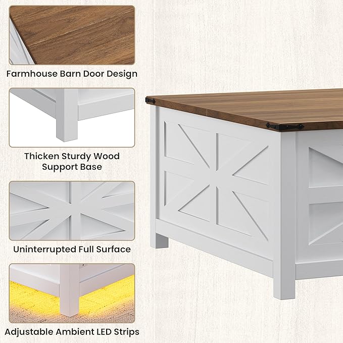 Farmhouse Coffee Table with Lift Top Storage, Square Wood Center Table, USB Charging Station,White