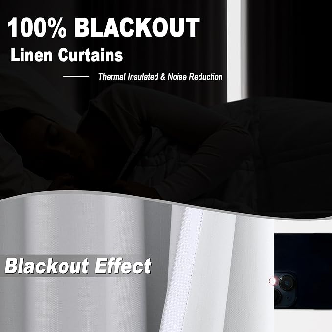 Joywell 100% Blackout Linen Curtains 102 Inch Long,Pinch Pleated Back Tab Drapes with Hooks Room Darkening Thermal Insulated Noise Reducing for Bedroom Living Room,W40 x L102,White,2 Panels