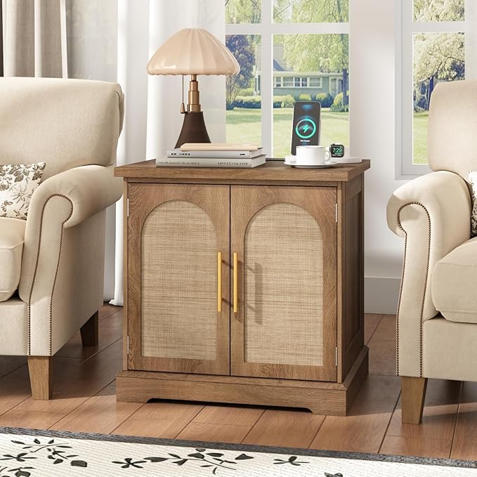 Set of 2 Rattan End Table with Charging Station, 24" Large Sofa Side Table with 2 Arched Doors, Boho Wood Square Nightstand Bedside Tables with Adjustable Storage Shelf