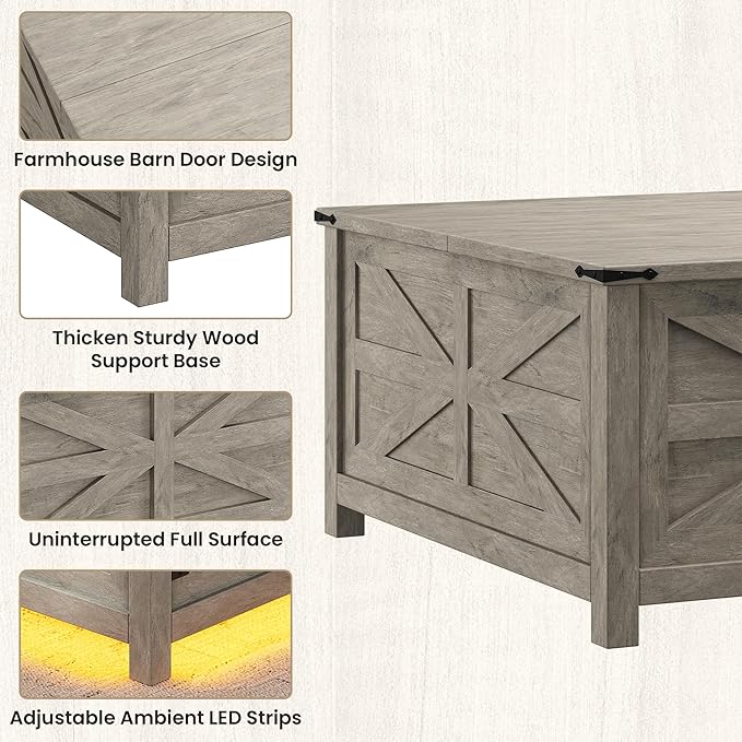 Farmhouse Coffee Table with Lift Top Storage, Square Wood Center Table, USB Charging Station,Grey