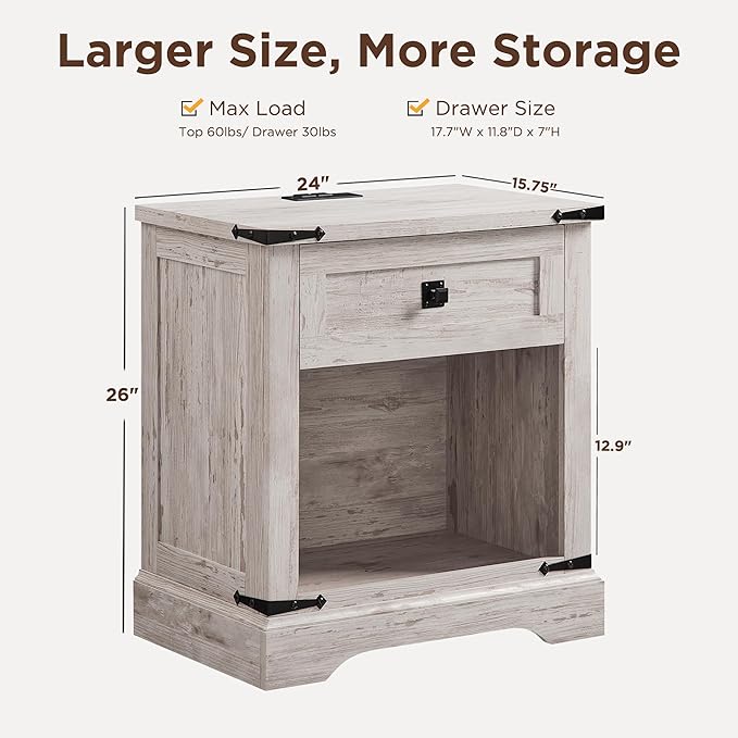 T4TREAM 24" Farmhouse Nightstand with Charging Station Set of 2, Large End Table with Drawer and Open Storage Cabinet, Rustic Wood Bedside Table Sofa Table for Bedroom, Antique Brush White