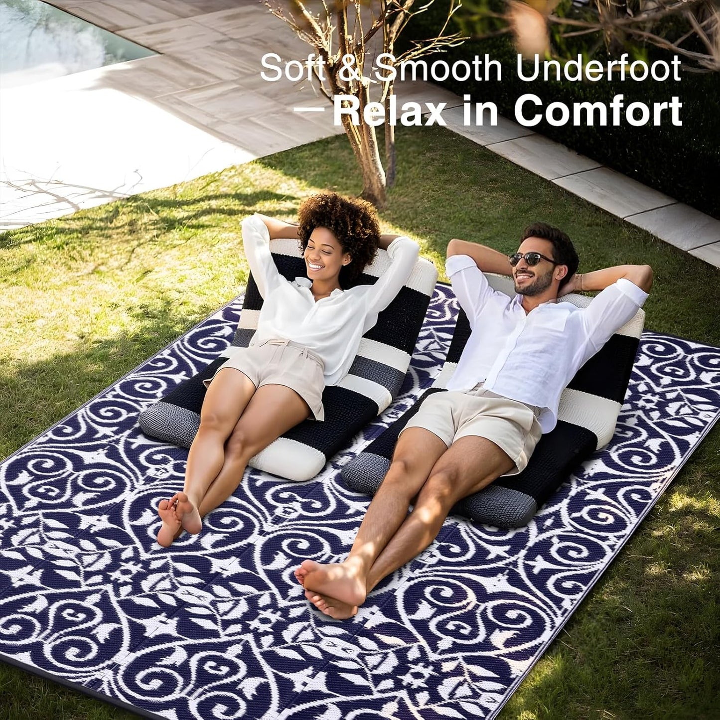 OLANLY Outdoor Rug Waterproof 8x10 ft Clearance, Reversible Outdoor Plastic Straw Rug with Floral Pattern, RV Mat for Patio, Camping, Balcony, Deck, Backyard, Navy & White