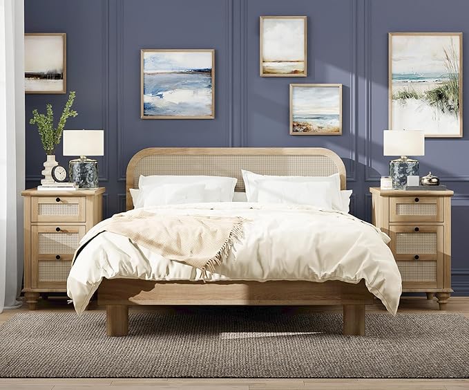WAMPAT 2 PCS End Tables with Charging Station, Farmhouse Bedside Table with Solid Wood Leg, Rattan End Table with Storage Drawer & Power outlets USB Ports for Bedroom, Living Room