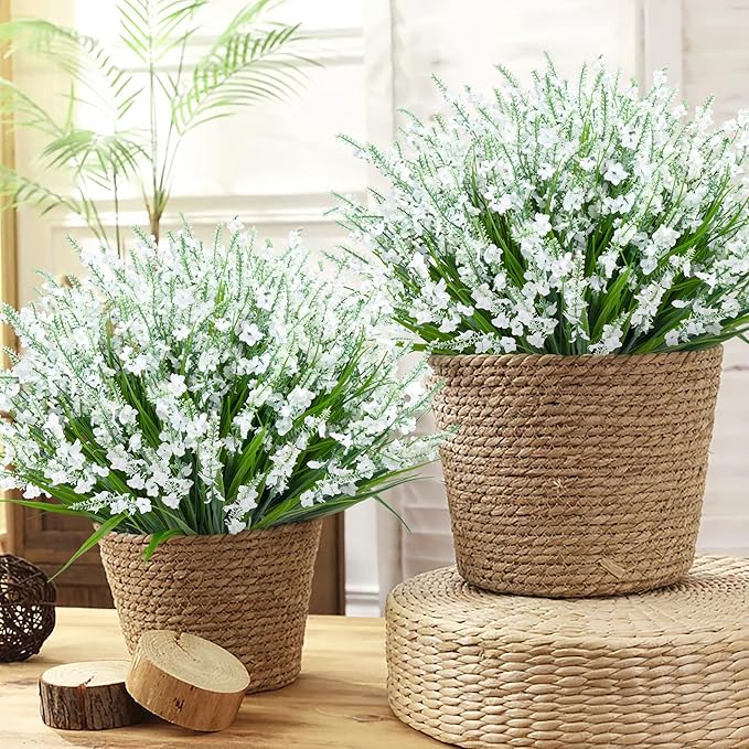 20 Bundles Artificial Lavender Flowers for Outdoors Fake Silk Flowers Faux Plants UV Resistant for Indoor Outside Spring Porch Garden Window Table Box Office Home Decorations, White