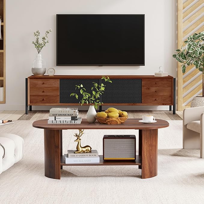 43.3” Oval Coffee Table for Living Room, Wood Farmhouse Coffee Tables with Storage, 2-Tier Center Table with Storage Shelf Low Tea Table for Small Space, Home, Office, Easy Assembly (Walnut)
