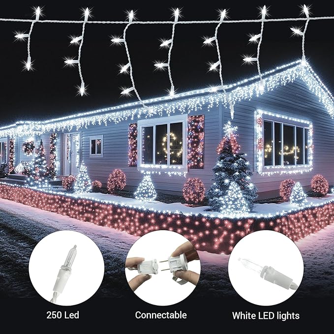 new one Cool White Icicle Lights with White Wire with 2 Cord Reels, 2 Pack Totalling 93.4FT, 240 Drops 500 LED Connectable Christmas String Lights Holiday Party (46.7 FT 250 LED 120 Drops for 1 Pack)