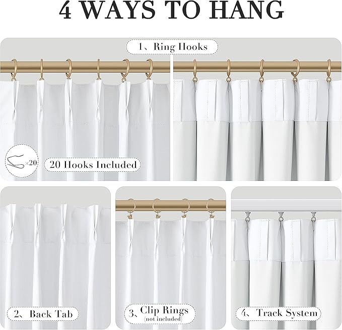 Joywell 100% Blackout Linen Curtains 102 Inch Long,Pinch Pleated Back Tab Drapes with Hooks Room Darkening Thermal Insulated Noise Reducing for Bedroom Living Room,W40 x L102,White,2 Panels