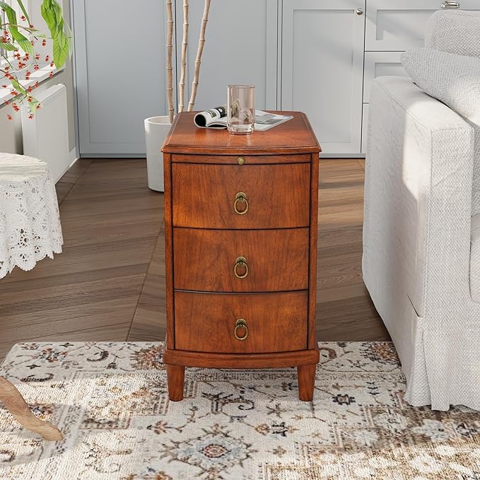 Solid Wood End Table with 3 Drawers, Cherry Red American Style Beside Table with Slide-Out Coffee Tray, Sofa Chair Side Table Nightstand for Living Room Bedroom, Rustic Wood Grain Accent Table 1569MG
